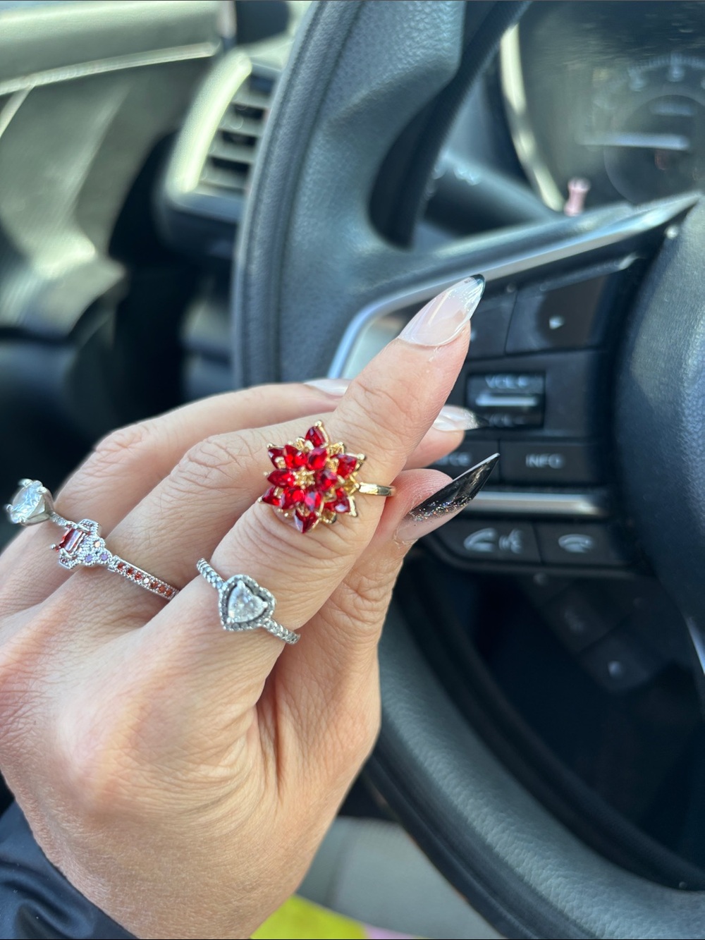 Source Unknown Gold Ring with Red Floral Cluster Gemstones